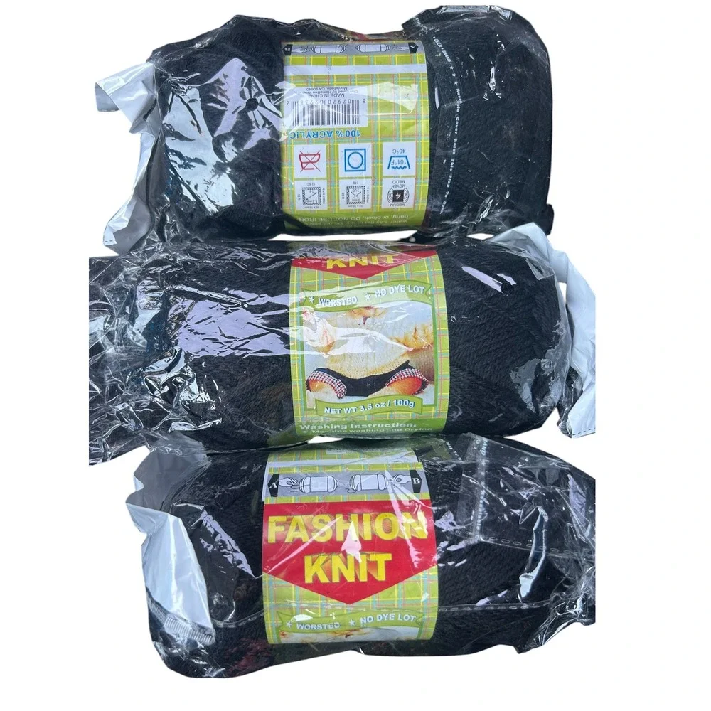 Lot of 3 Skeins Vintage Fashion Knit Black Yarn 100% Acrylic Worsteds No Dye Med